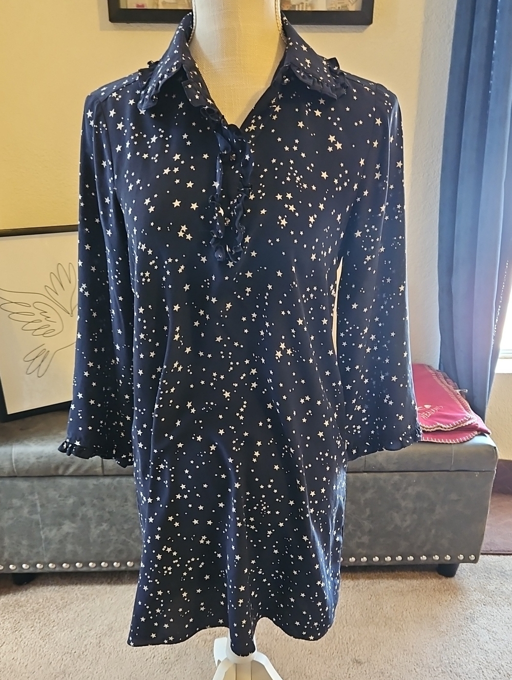 Kate Spade Navy Star-Print Long Sleeve Shirt Dress